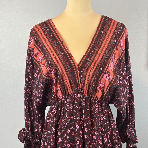 NWT Umgee Cocoa Mixed Print Midi Dress High Low Ruffle V-Neck Boho Feminine Med - Picture 4 of 10